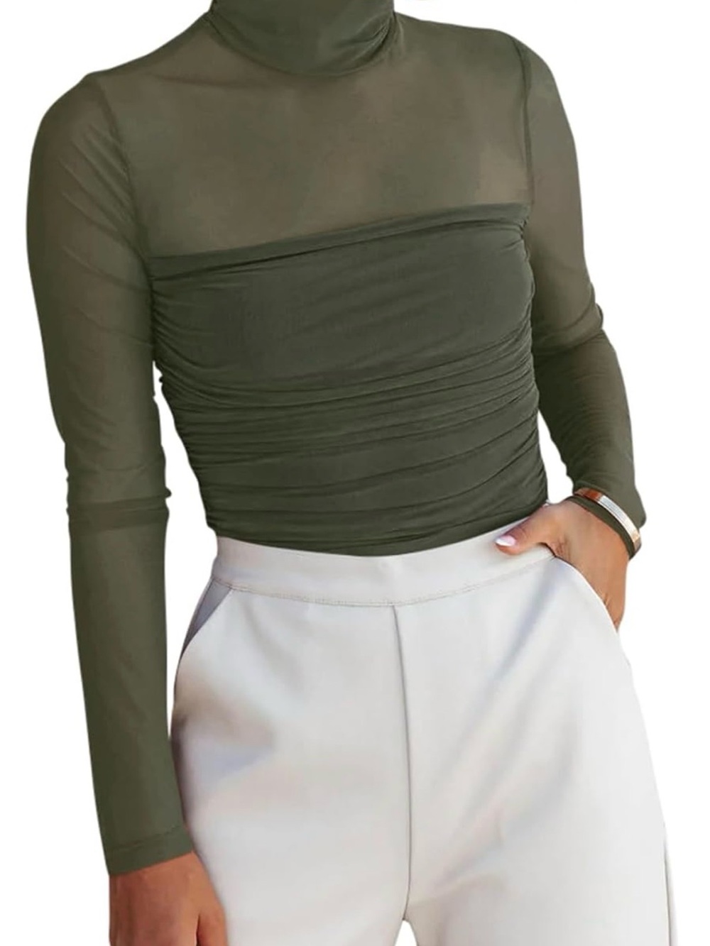 REORIA Turtle Neck Long Sleeve Mesh Ruched Bodysuit